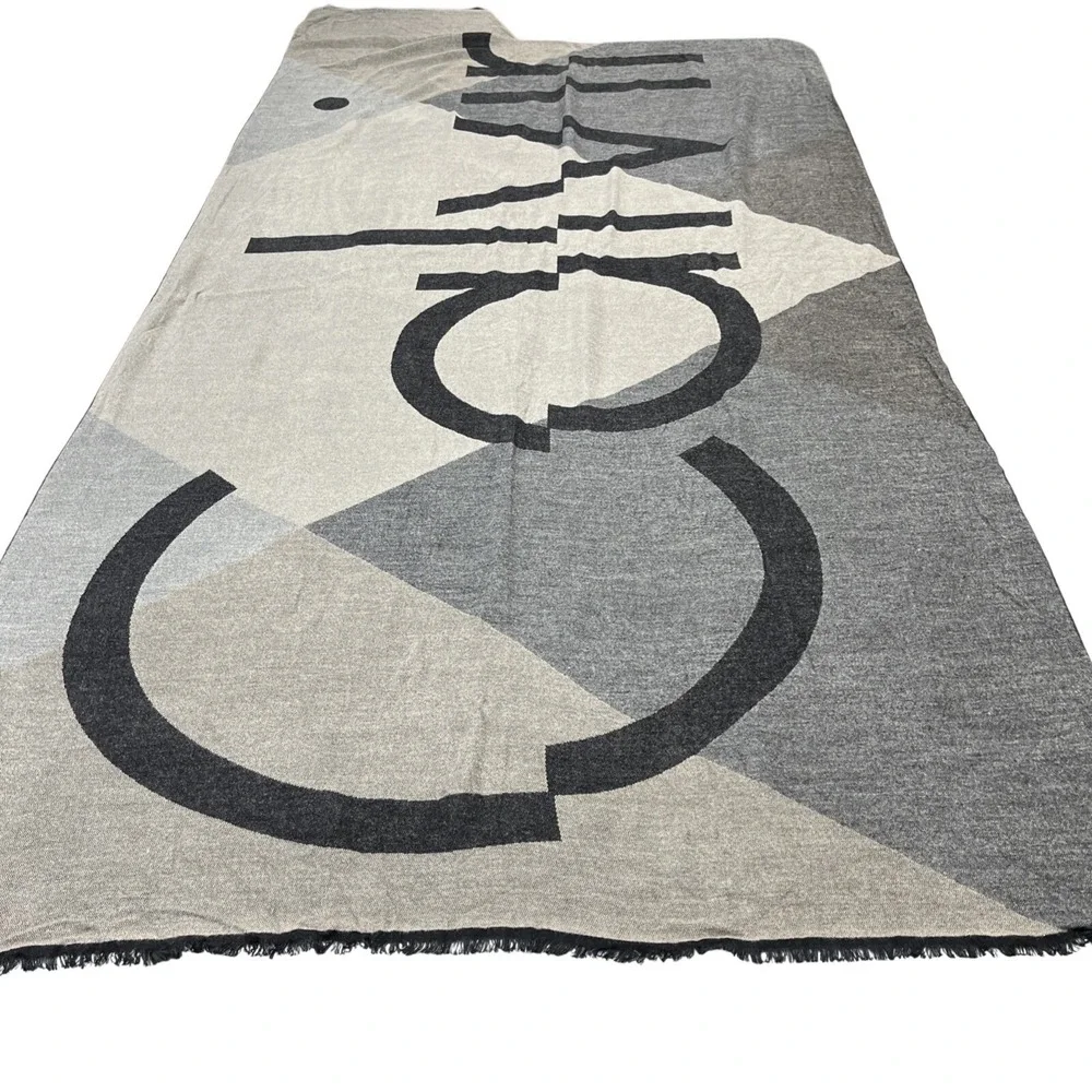 Calvin Klein‎ Blanket Scarf Shawl Wrap Gray Black Logo Fringe Classic Neutral